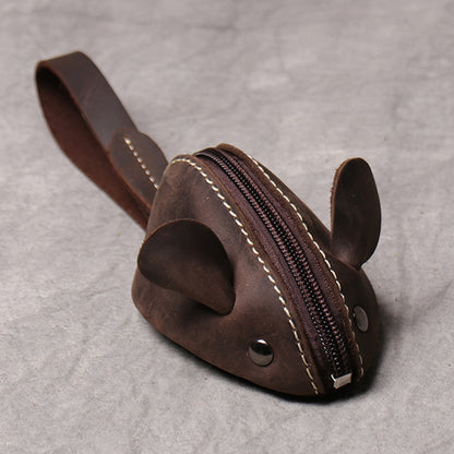 Cute Mouse Coin Purse in Genuine Leather, Zipper Pocket Wallet for Kids, Men, Women, Portable Key Bag Organizer