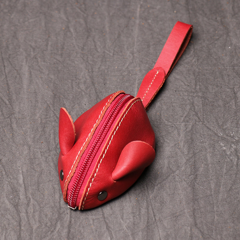 Cute Mouse Coin Purse in Genuine Leather, Zipper Pocket Wallet for Kids, Men, Women, Portable Key Bag Organizer