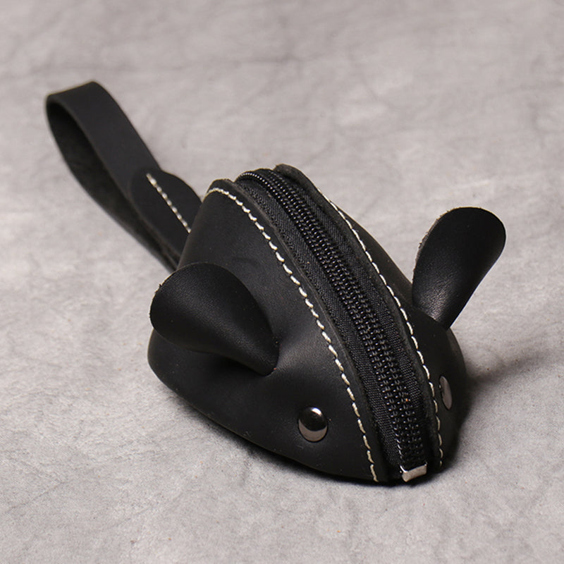 Cute Mouse Coin Purse in Genuine Leather, Zipper Pocket Wallet for Kids, Men, Women, Portable Key Bag Organizer