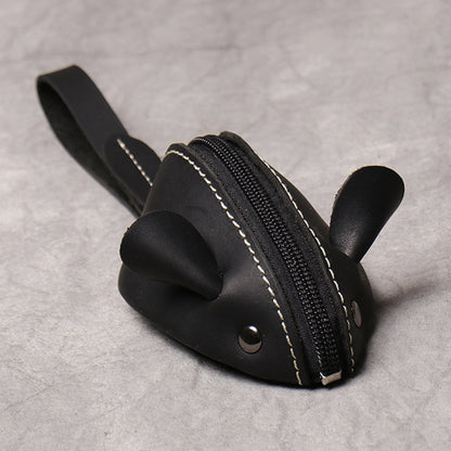 Cute Mouse Coin Purse in Genuine Leather, Zipper Pocket Wallet for Kids, Men, Women, Portable Key Bag Organizer
