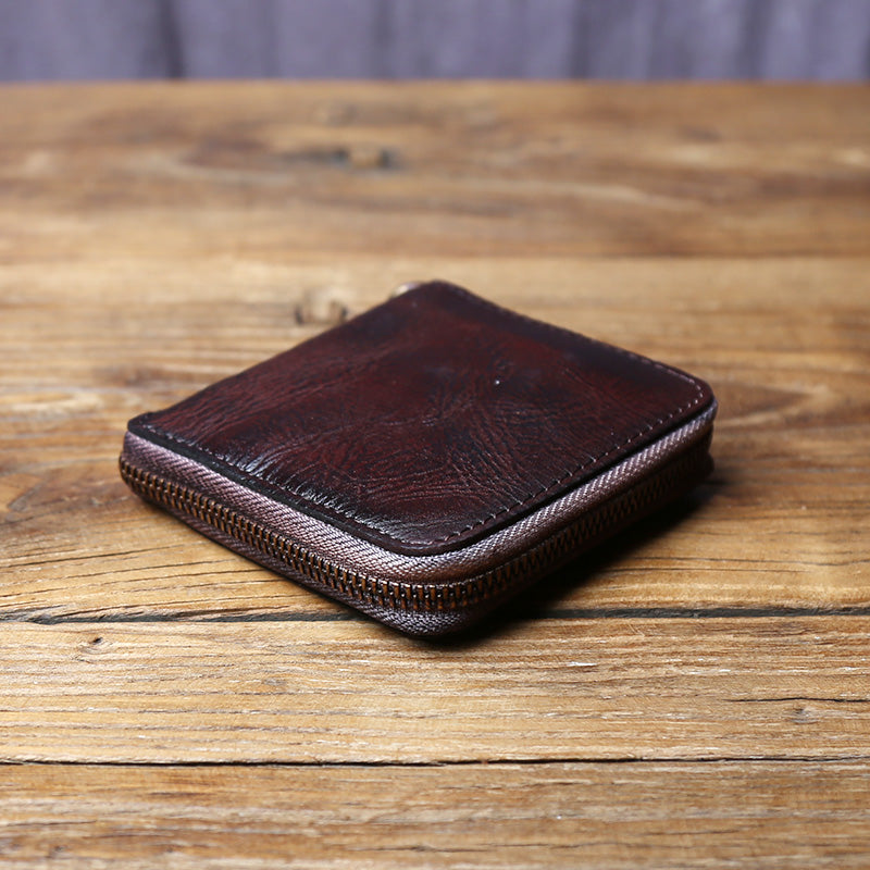 Men Genuine Leather Cowhide Coin Purse, Original Retro Vegetable Tanned Wallet, Multi Card Zipper ID Holder