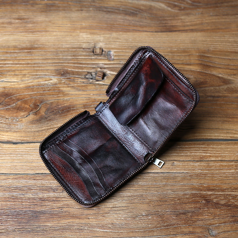 Men Genuine Leather Cowhide Coin Purse, Original Retro Vegetable Tanned Wallet, Multi Card Zipper ID Holder