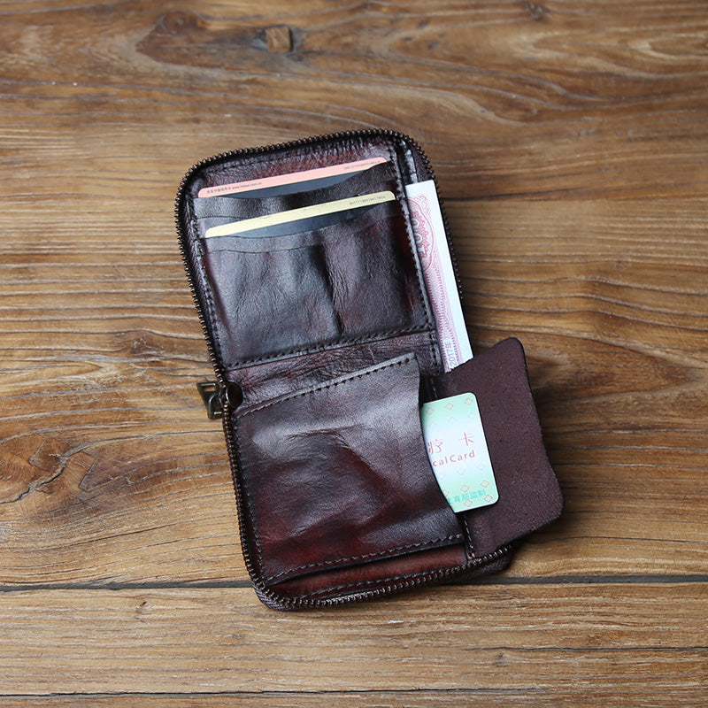 Men Genuine Leather Cowhide Coin Purse, Original Retro Vegetable Tanned Wallet, Multi Card Zipper ID Holder