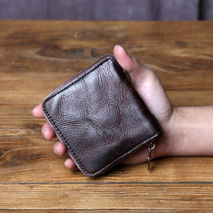 Men Genuine Leather Cowhide Coin Purse, Original Retro Vegetable Tanned Wallet, Multi Card Zipper ID Holder