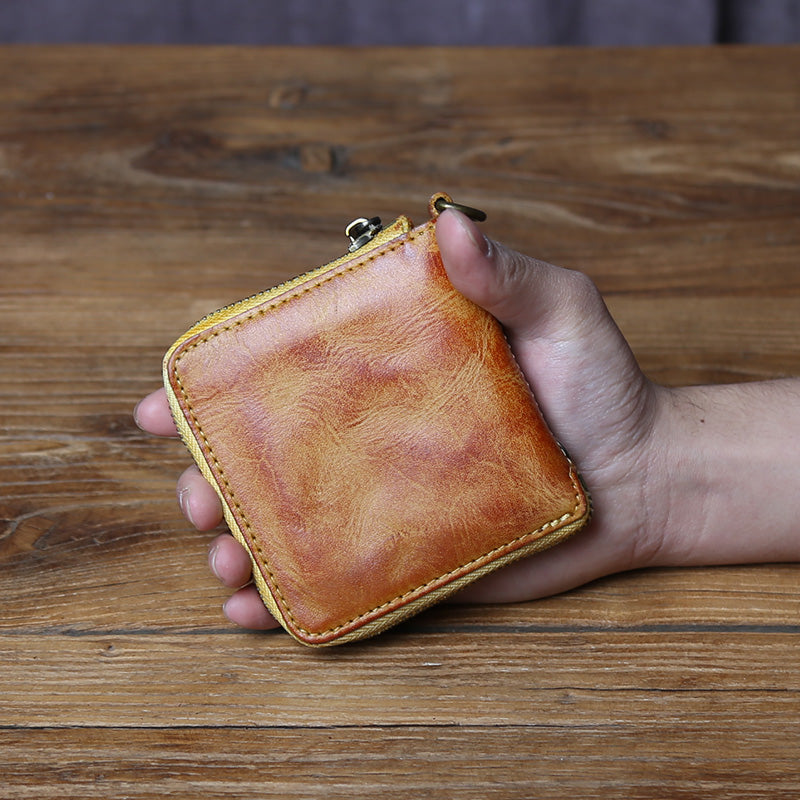 Men Genuine Leather Cowhide Coin Purse, Original Retro Vegetable Tanned Wallet, Multi Card Zipper ID Holder