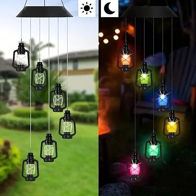 Retro Solar Wind Chime Kerosene Lamp ColorChanging Hanging Lantern For Porch Garden  Courtyard Deco 3