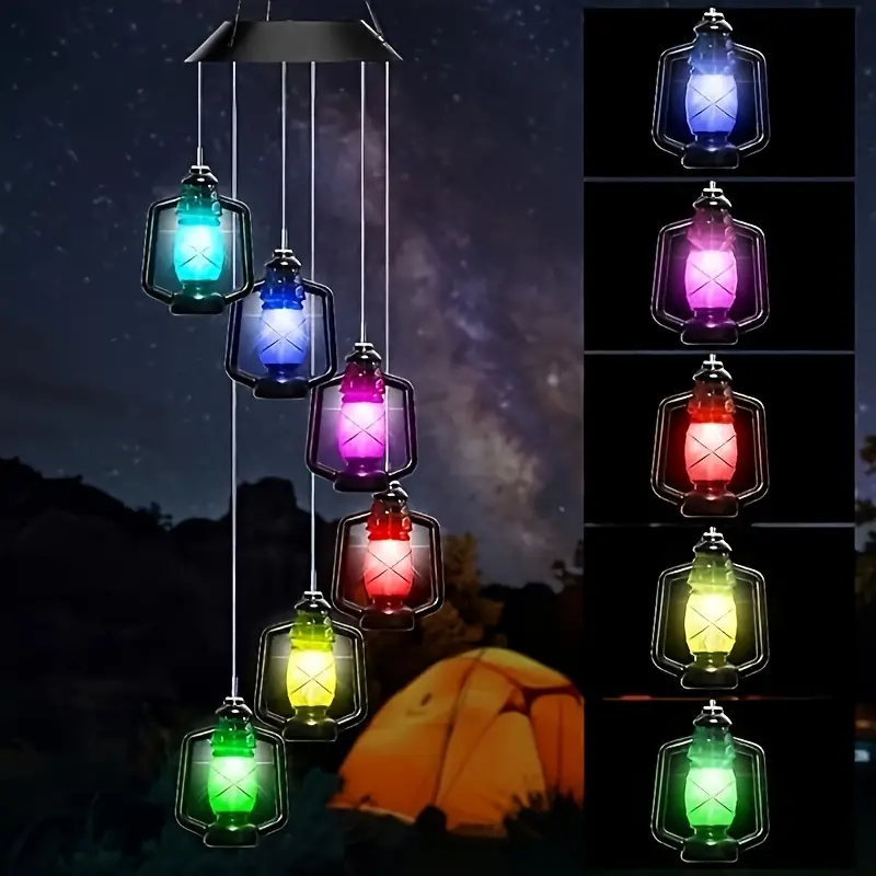 Retro Solar Wind Chime Kerosene Lamp ColorChanging Hanging Lantern For Porch Garden  Courtyard Deco 1