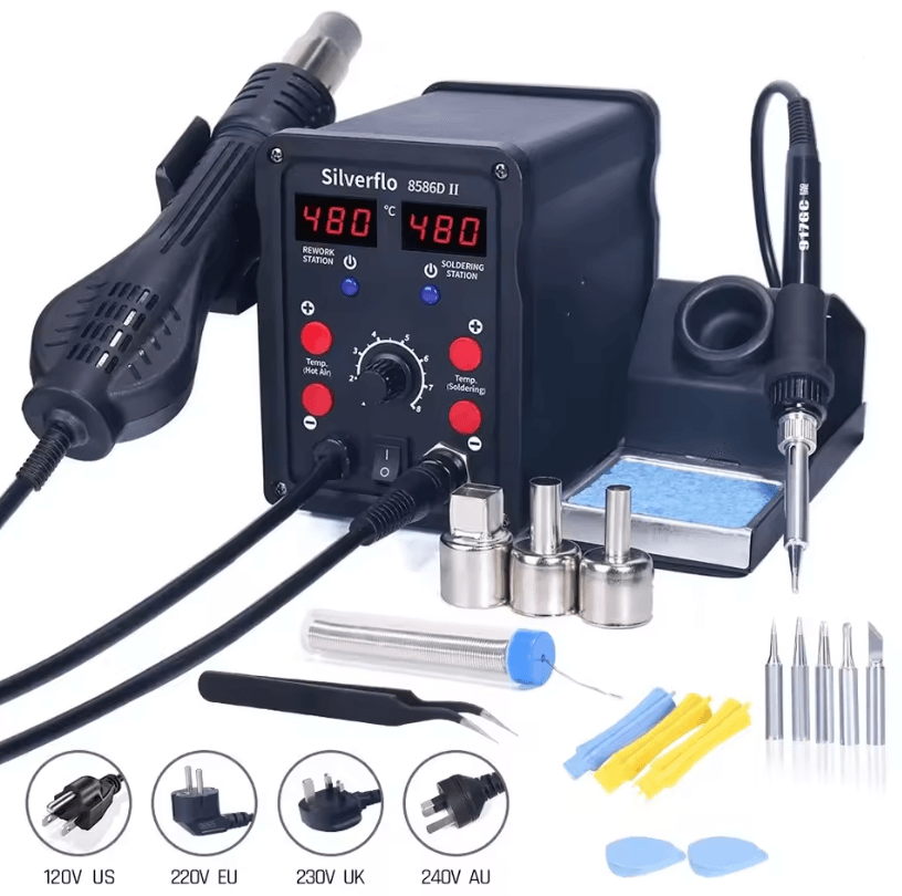 2 in 1 Silverflo 8586D Hot Air and Soldering Station with Dual Digital Display