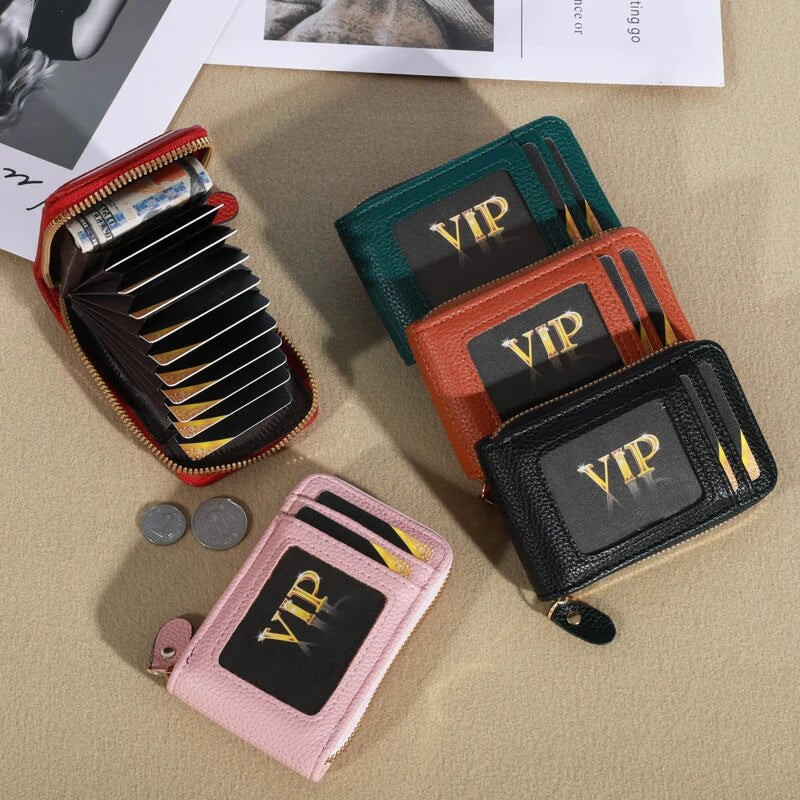 Genuine Leather Men Wallet RFID Blocking, Vintage Credit Card Holder, Zipper Pouch, Slim Money Case