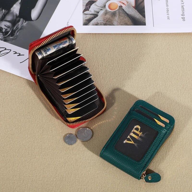Genuine Leather Men Wallet RFID Blocking, Vintage Credit Card Holder, Zipper Pouch, Slim Money Case