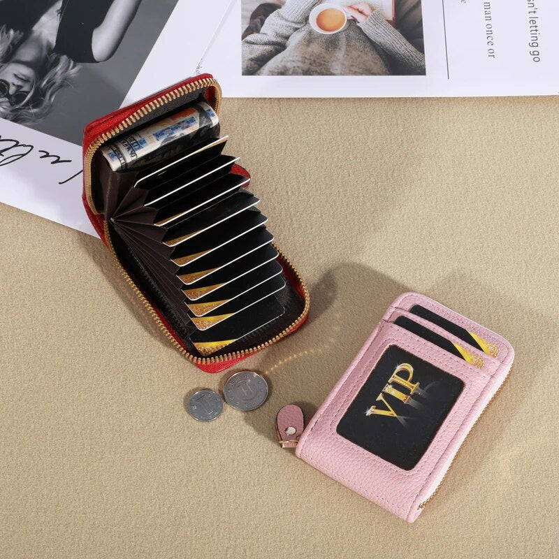 Genuine Leather Men Wallet RFID Blocking, Vintage Credit Card Holder, Zipper Pouch, Slim Money Case