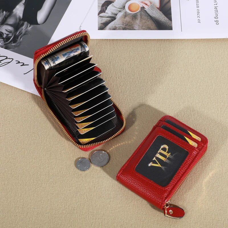Genuine Leather Men Wallet RFID Blocking, Vintage Credit Card Holder, Zipper Pouch, Slim Money Case