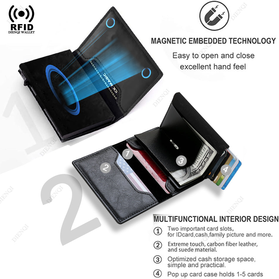 RFID Blocking Magnetic Credit Card Holder, Pop Up Luxury Men Wallet, Leather Minimalist Cardholder Vallet for Men