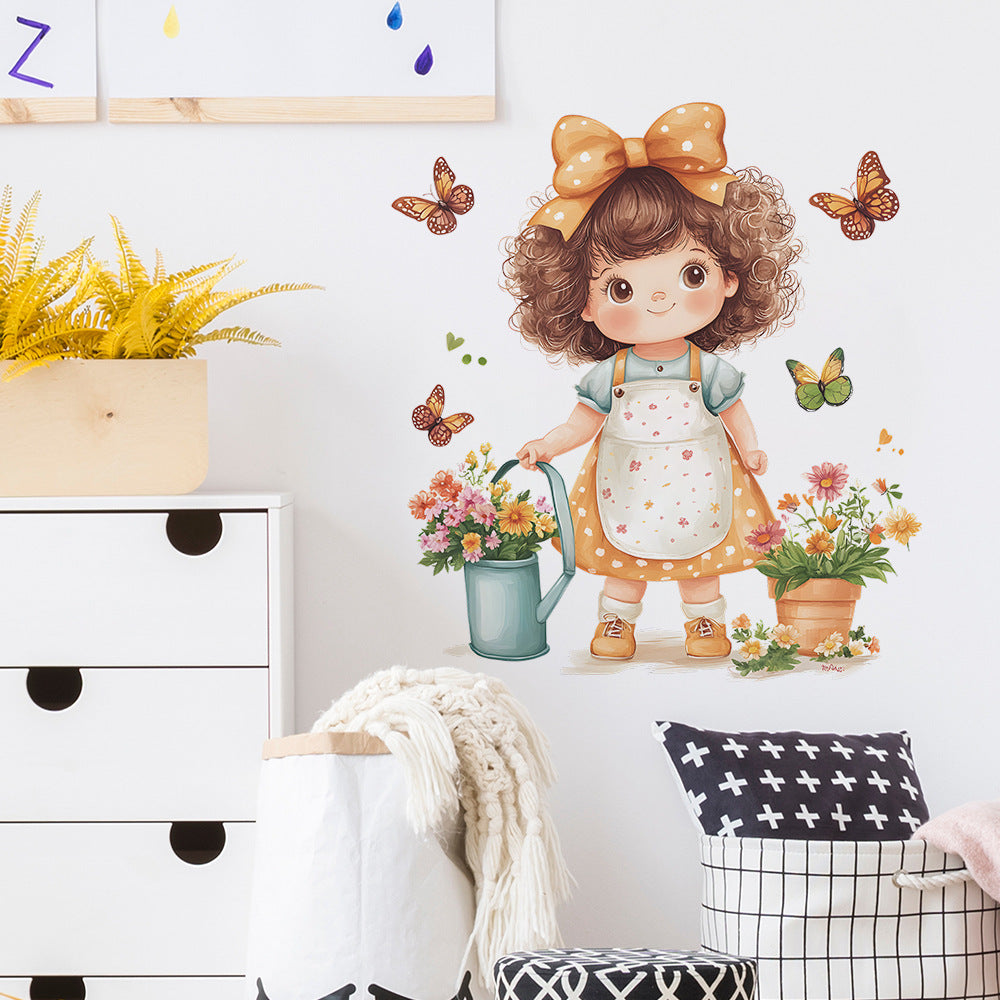 Cartoon Little Girl Flowerpot Wall Sticker, Self-Adhesive Kids Room Decor, Baby Bedroom Mural, Waterproof Nursery