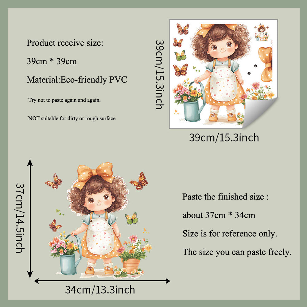 Cartoon Little Girl Flowerpot Wall Sticker, Self-Adhesive Kids Room Decor, Baby Bedroom Mural, Waterproof Nursery