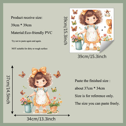 Cartoon Little Girl Flowerpot Wall Sticker, Self-Adhesive Kids Room Decor, Baby Bedroom Mural, Waterproof Nursery