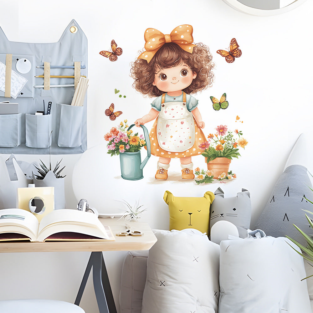 Cartoon Little Girl Flowerpot Wall Sticker, Self-Adhesive Kids Room Decor, Baby Bedroom Mural, Waterproof Nursery