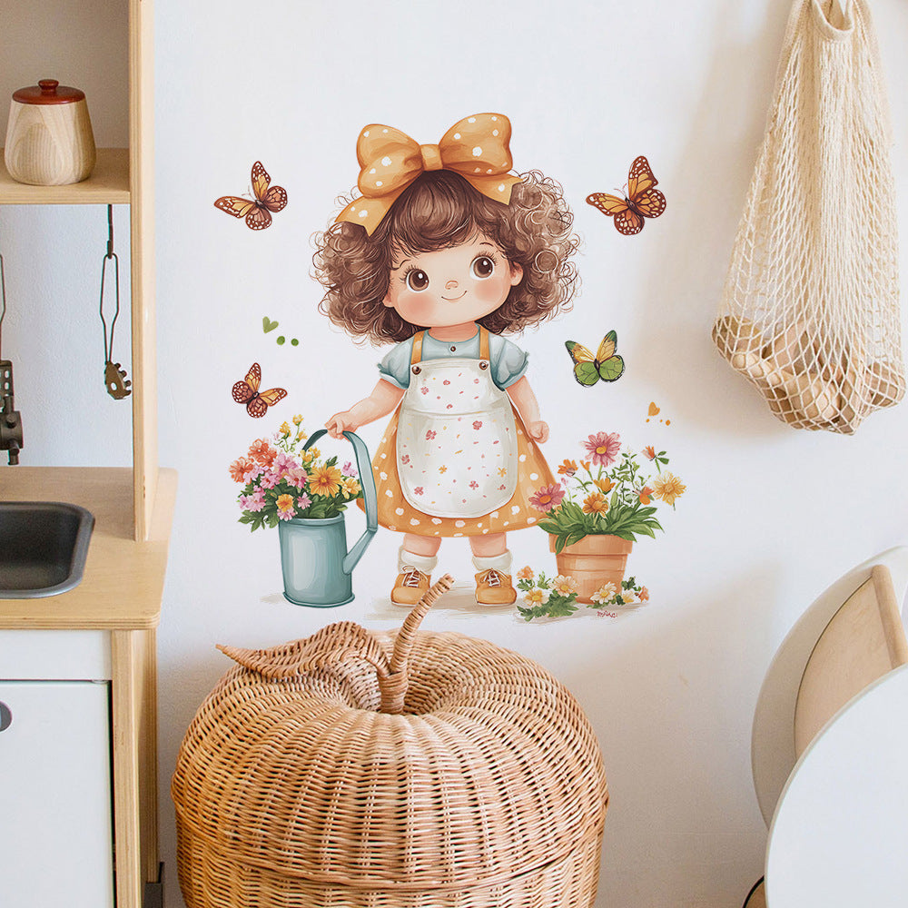 Cartoon Little Girl Flowerpot Wall Sticker, Self-Adhesive Kids Room Decor, Baby Bedroom Mural, Waterproof Nursery