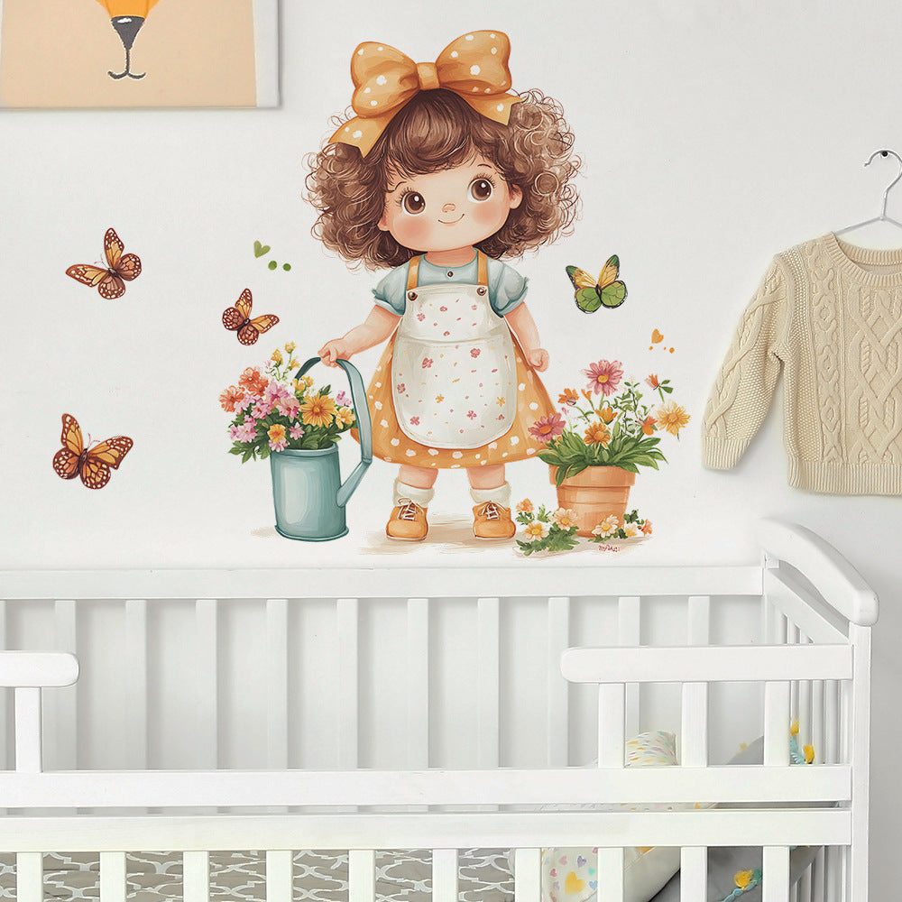 Cartoon Little Girl Flowerpot Wall Sticker, Self-Adhesive Kids Room Decor, Baby Bedroom Mural, Waterproof Nursery