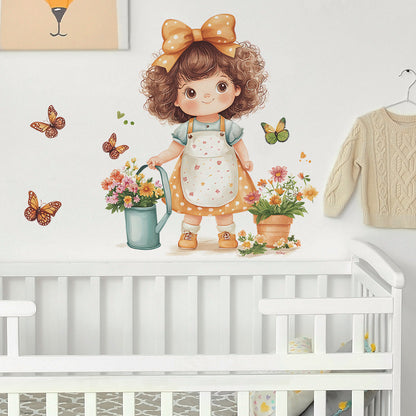 Cartoon Little Girl Flowerpot Wall Sticker, Self-Adhesive Kids Room Decor, Baby Bedroom Mural, Waterproof Nursery