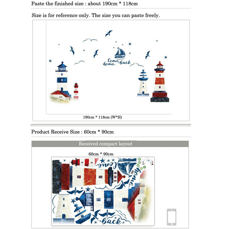 Sea Sailboat Lighthouse Wall Stickers, Large Removable Mural Decals for Bedroom, Living Room, TV & Sofa Background Decor