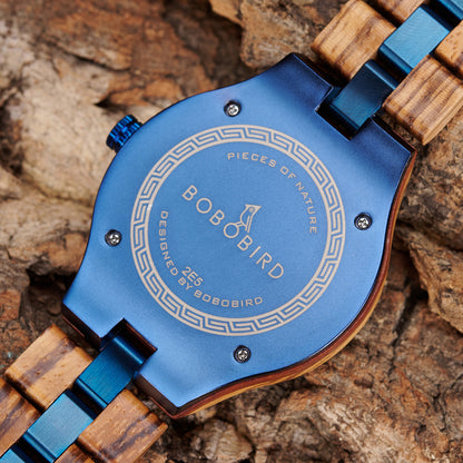 Wooden Watch for Men, Original Natural Wood Quartz Wristwatches, Blue 43mm Date Display Watch