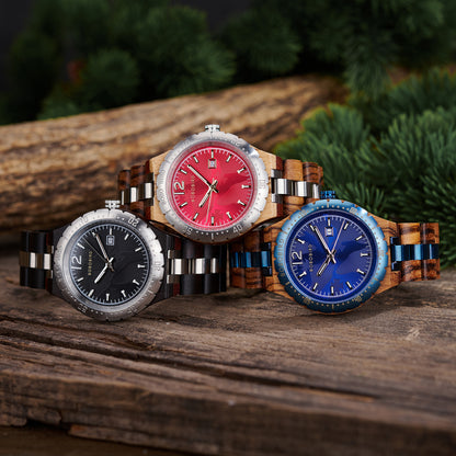 Wooden Watch for Men, Original Natural Wood Quartz Wristwatches, Blue 43mm Date Display Watch