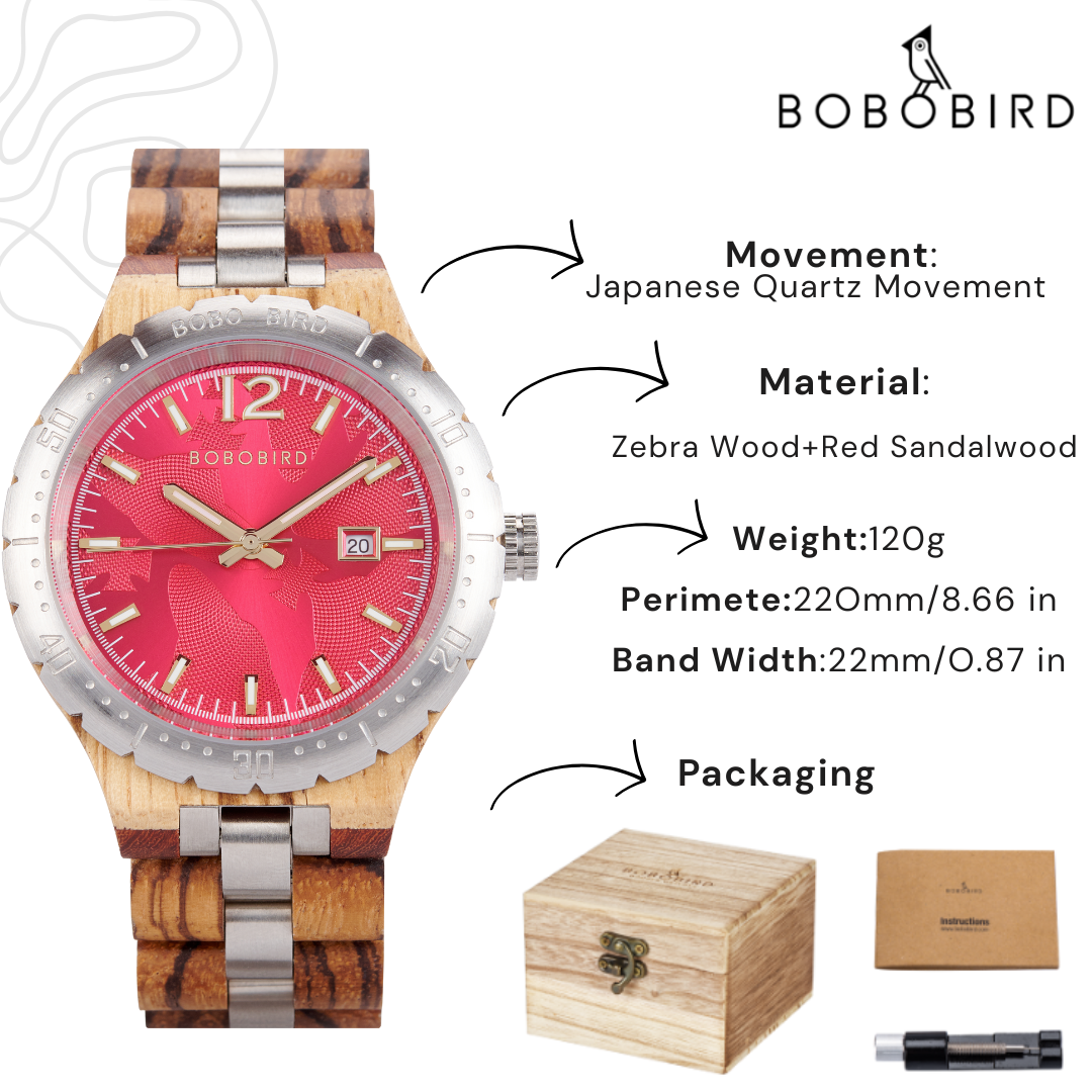 Wooden Watch for Men, Original Natural Wood Quartz Wristwatches, Blue 43mm Date Display Watch