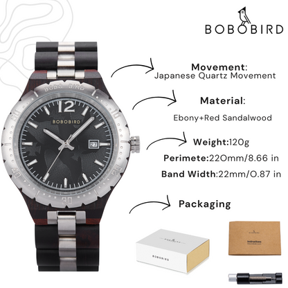 Wooden Watch for Men, Original Natural Wood Quartz Wristwatches, Blue 43mm Date Display Watch