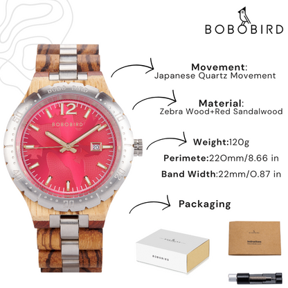 Wooden Watch for Men, Original Natural Wood Quartz Wristwatches, Blue 43mm Date Display Watch