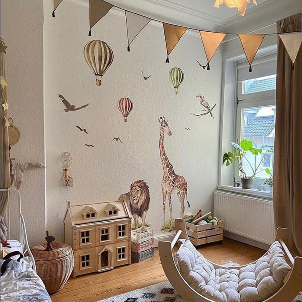 Watercolor Safari Giraffe Wall Sticker, Jungle Wildlife Animal Bird Decal for Playroom, Bedroom & Nursery Decor