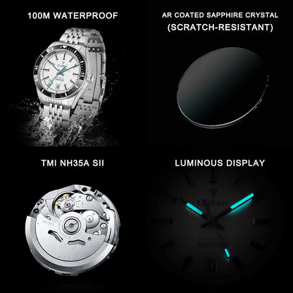NEW CADISEN Mens Mechanical Watch, Automatic Japan NH35A Movement, Waterproof Ceramic Bezel Wristwatch