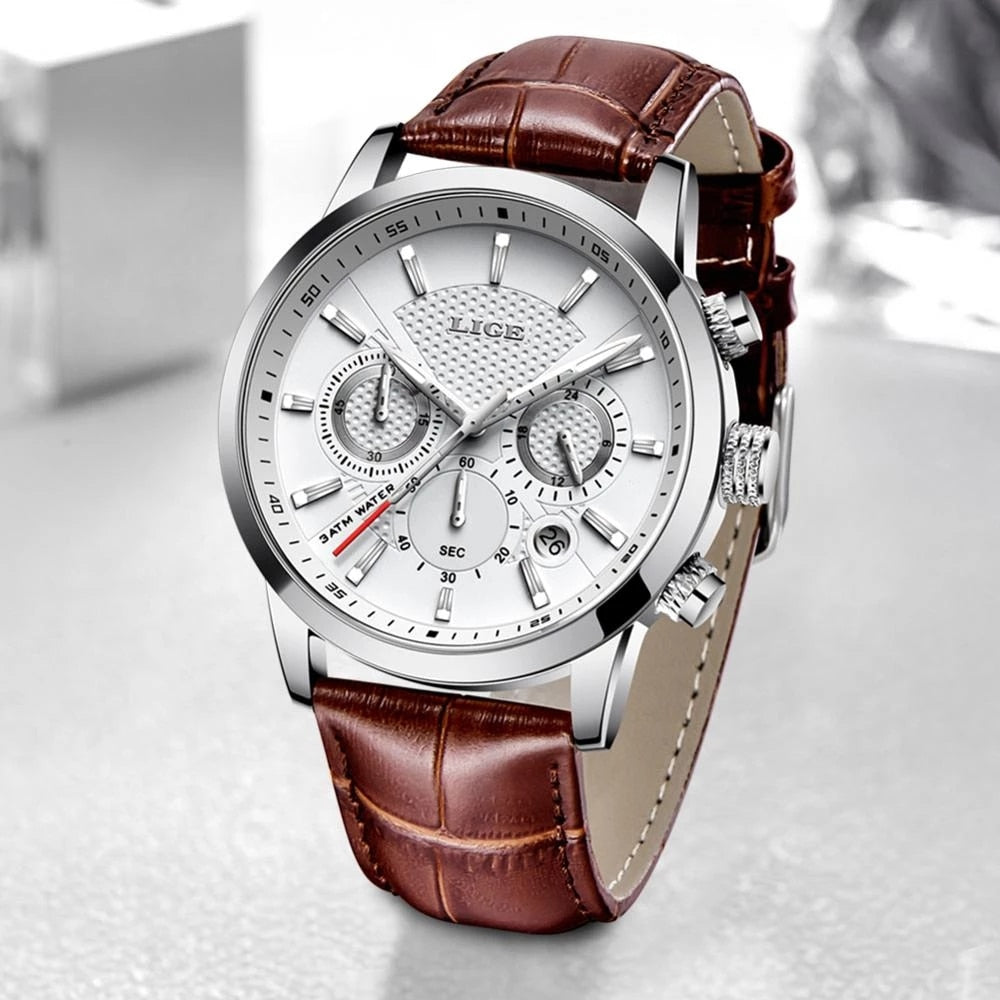 LIGE Watches Men Top Brand Luxury, Leather Quartz Sport Watch for Men, Business Clock, Waterproof Chronograph