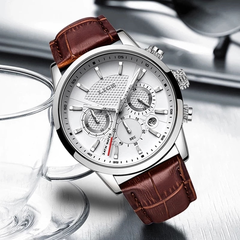 LIGE Watches Men Top Brand Luxury, Leather Quartz Sport Watch for Men, Business Clock, Waterproof Chronograph
