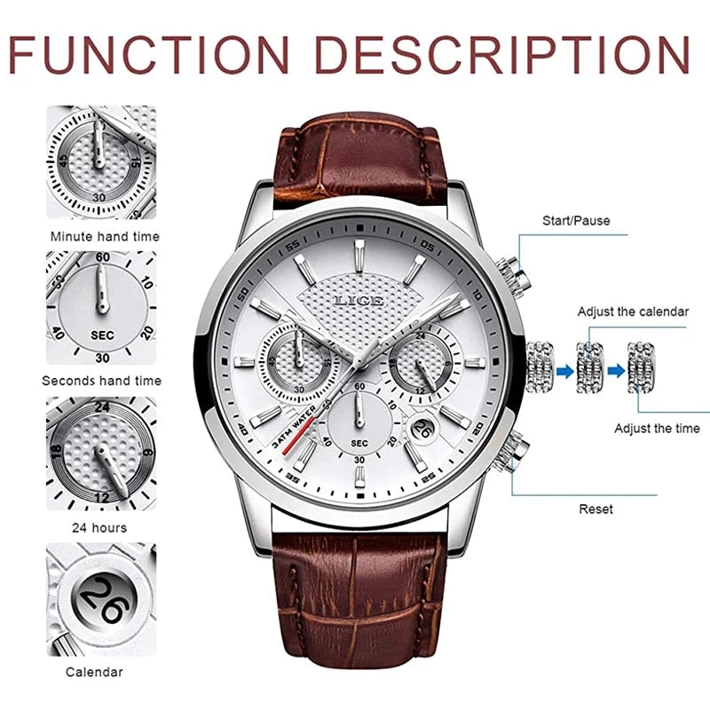 LIGE Watches Men Top Brand Luxury, Leather Quartz Sport Watch for Men, Business Clock, Waterproof Chronograph