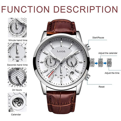 LIGE Watches Men Top Brand Luxury, Leather Quartz Sport Watch for Men, Business Clock, Waterproof Chronograph