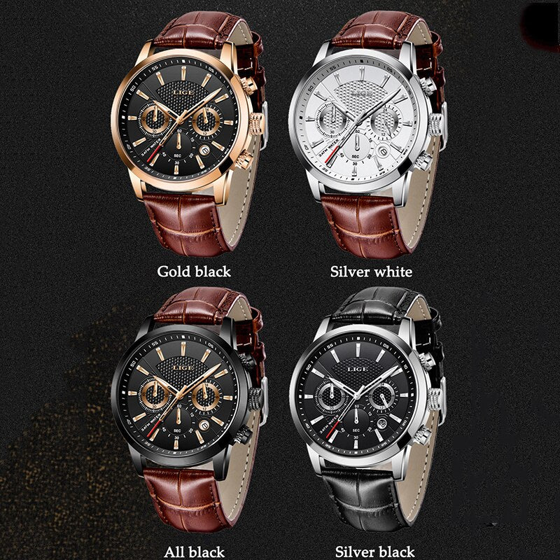 LIGE Watches Men Top Brand Luxury, Leather Quartz Sport Watch for Men, Business Clock, Waterproof Chronograph