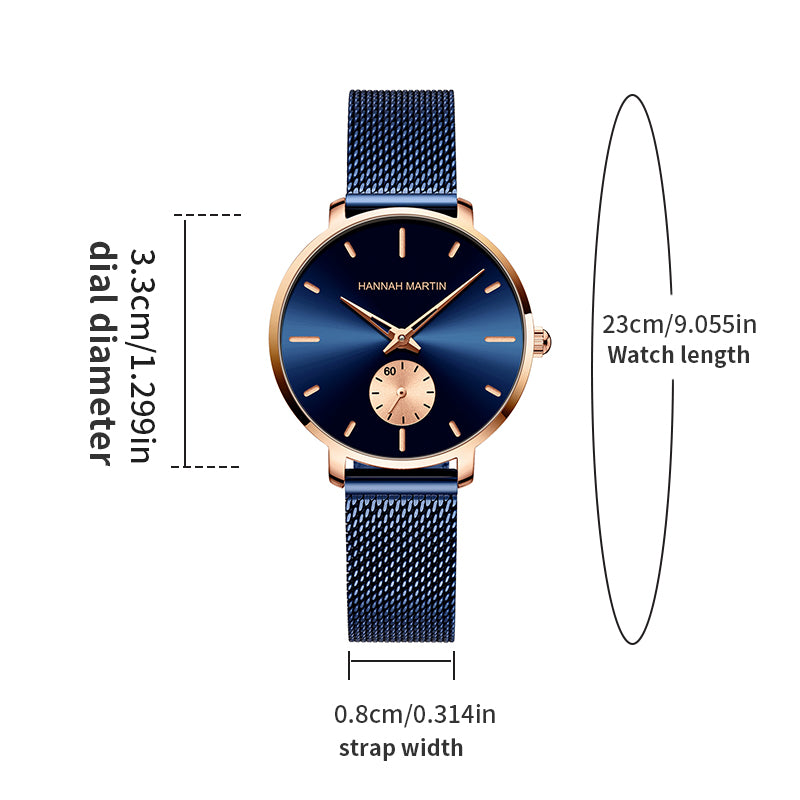 Top Brand Hannah Martin Women Watch, Original Quartz Movement, Fashion Stainless Steel Mesh Belt Dress Watch