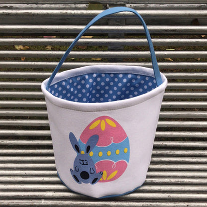 Easter Bunny Bag, Cute Cloth Holiday Bucket with Handle for Kids, Decorative Blue Lacework & Footprint Design