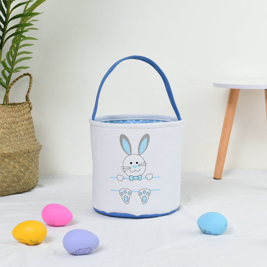 Easter Bunny Bag, Cute Cloth Holiday Bucket with Handle for Kids, Decorative Blue Lacework & Footprint Design