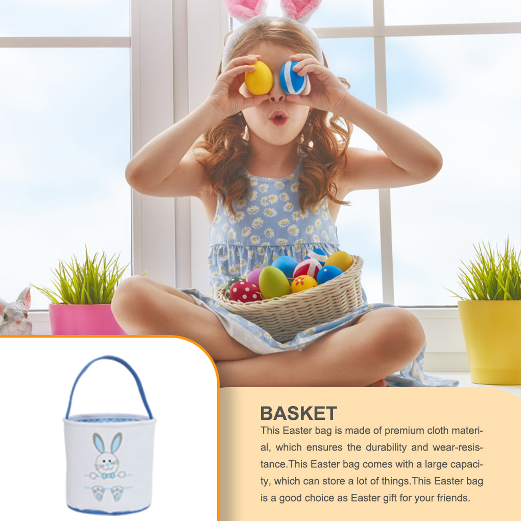 Easter Bunny Bag, Cute Cloth Holiday Bucket with Handle for Kids, Decorative Blue Lacework & Footprint Design