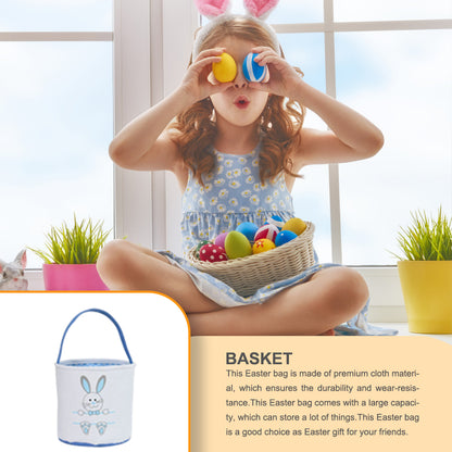 Easter Bunny Bag, Cute Cloth Holiday Bucket with Handle for Kids, Decorative Blue Lacework & Footprint Design
