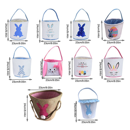 Easter Bunny Bag, Cute Cloth Holiday Bucket with Handle for Kids, Decorative Blue Lacework & Footprint Design