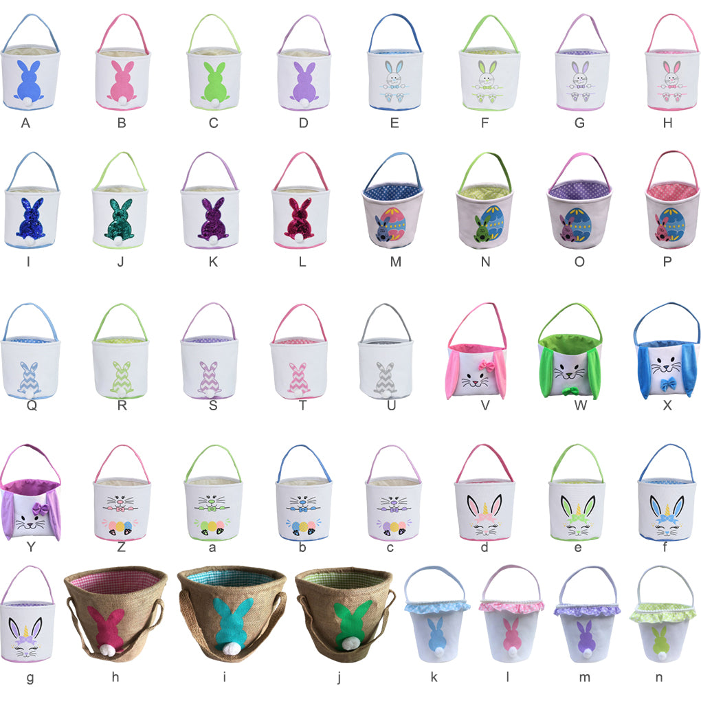 Easter Bunny Bag, Cute Cloth Holiday Bucket with Handle for Kids, Decorative Blue Lacework & Footprint Design