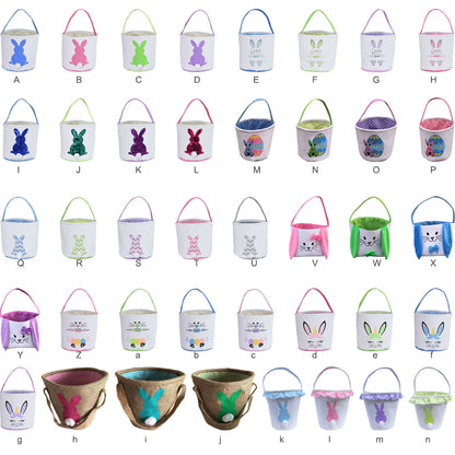 Easter Bunny Bag, Cute Cloth Holiday Bucket with Handle for Kids, Decorative Blue Lacework & Footprint Design