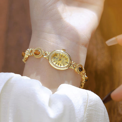 Gold Bracelet Amber Jewelry Quartz Oval Wristwatch for Women, Luxury Elegant Ladies Watch, Retro Fashion Style
