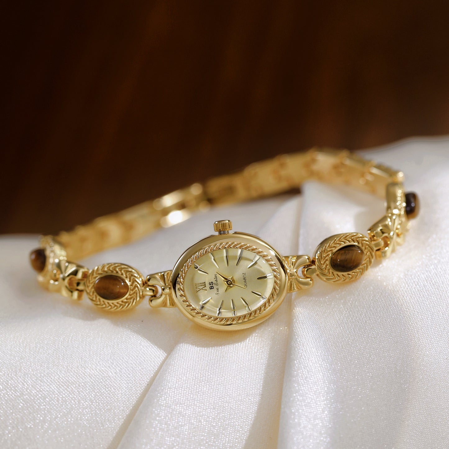 Gold Bracelet Amber Jewelry Quartz Oval Wristwatch for Women, Luxury Elegant Ladies Watch, Retro Fashion Style