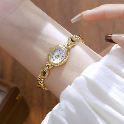 Gold Bracelet Amber Jewelry Quartz Oval Wristwatch for Women, Luxury Elegant Ladies Watch, Retro Fashion Style
