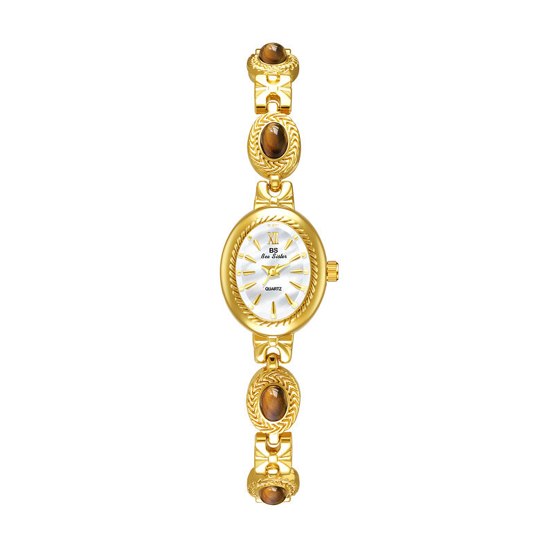 Gold Bracelet Amber Jewelry Quartz Oval Wristwatch for Women, Luxury Elegant Ladies Watch, Retro Fashion Style