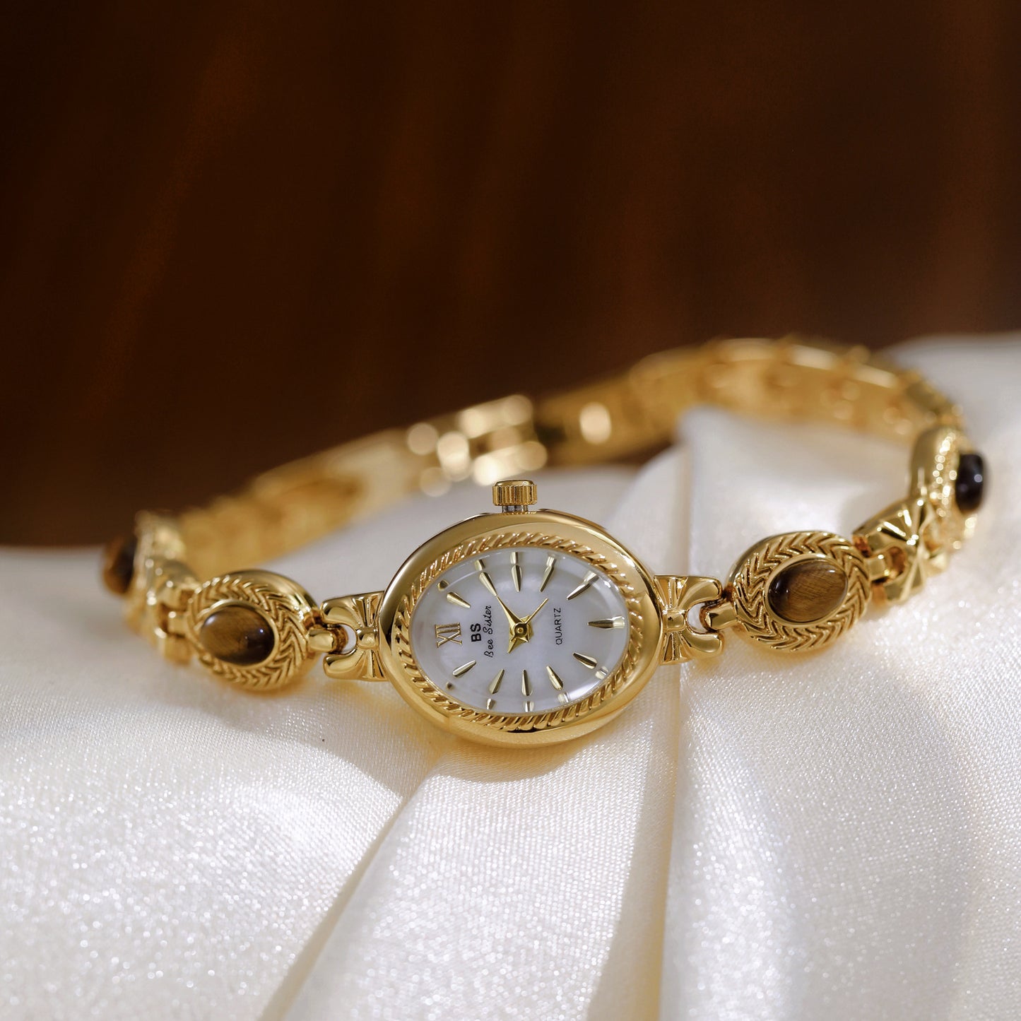 Gold Bracelet Amber Jewelry Quartz Oval Wristwatch for Women, Luxury Elegant Ladies Watch, Retro Fashion Style